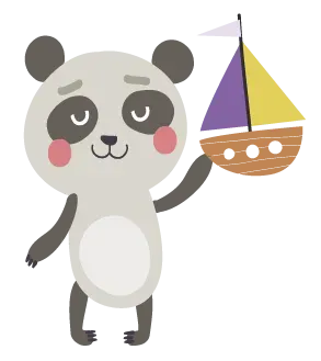 Panda con pelaje gris y negro sosteniendo un velero de juguete de colores.