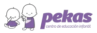 Logotipo de Pekas Centro de Educaci&oacute;n Infantil: Dos beb&eacute;s de dibujos animados con vestidos morados junto a un texto.