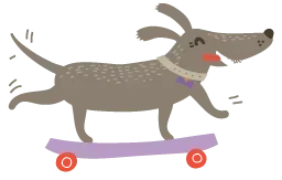 Perro patinando, sonriendo con la lengua afuera. Cuerpo gris, patineta morada, ruedas rojas.