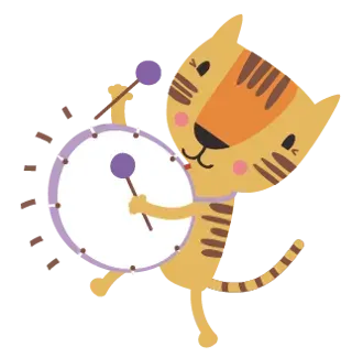 Un tigre de dibujos animados toca un tambor con baquetas moradas. Tiene rayas y sonríe.