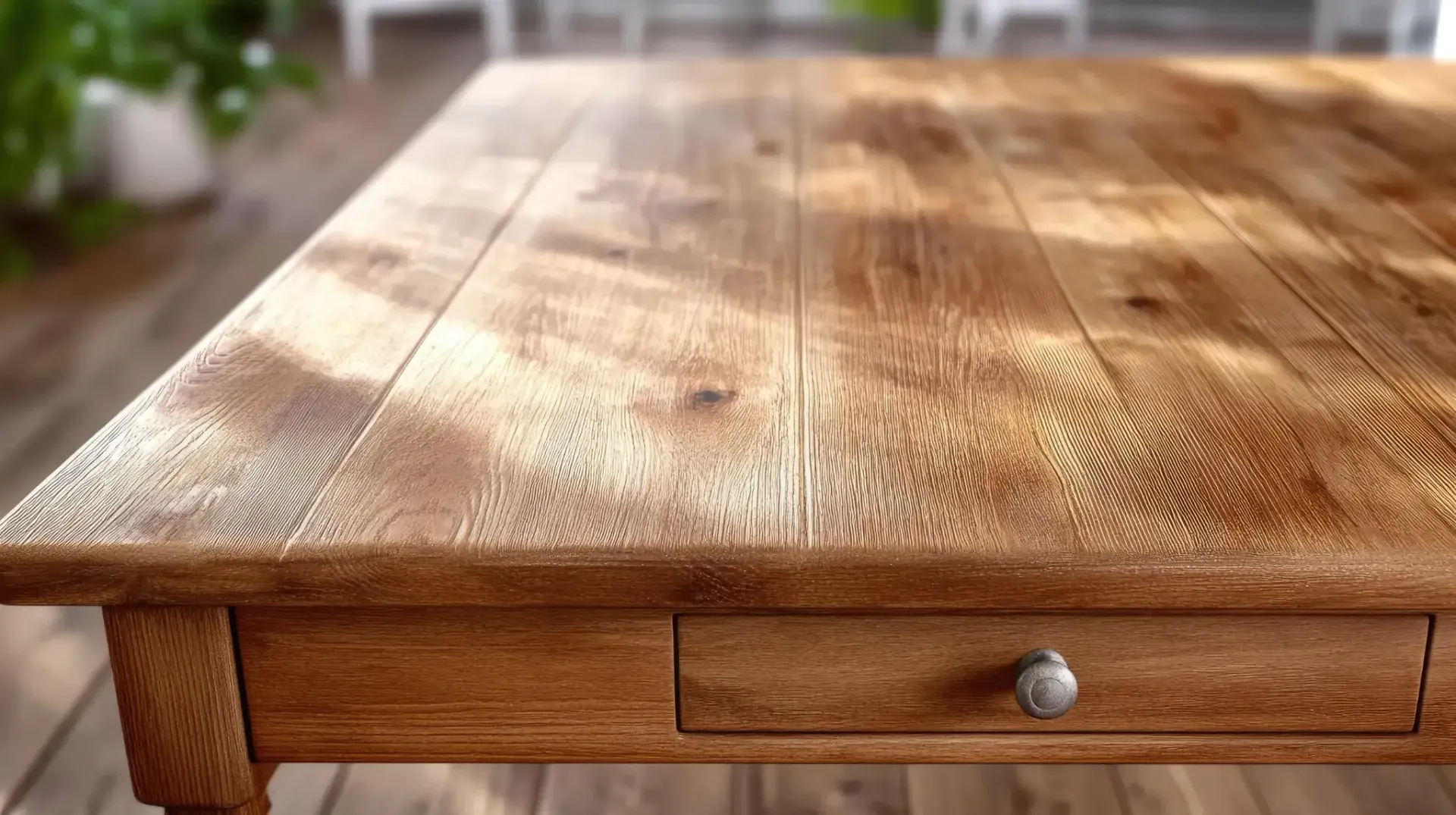 Mesa de madera con veta visible y un pequeño cajón con tirador plateado.