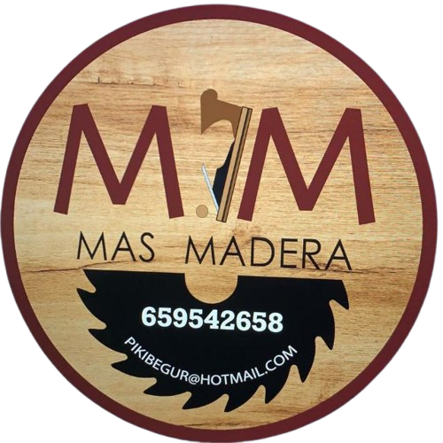 Logotipo circular: texto "M&M MAS MADERA", sierra y herramientas para trabajar la madera sobre fondo de veta de madera, información de contacto.