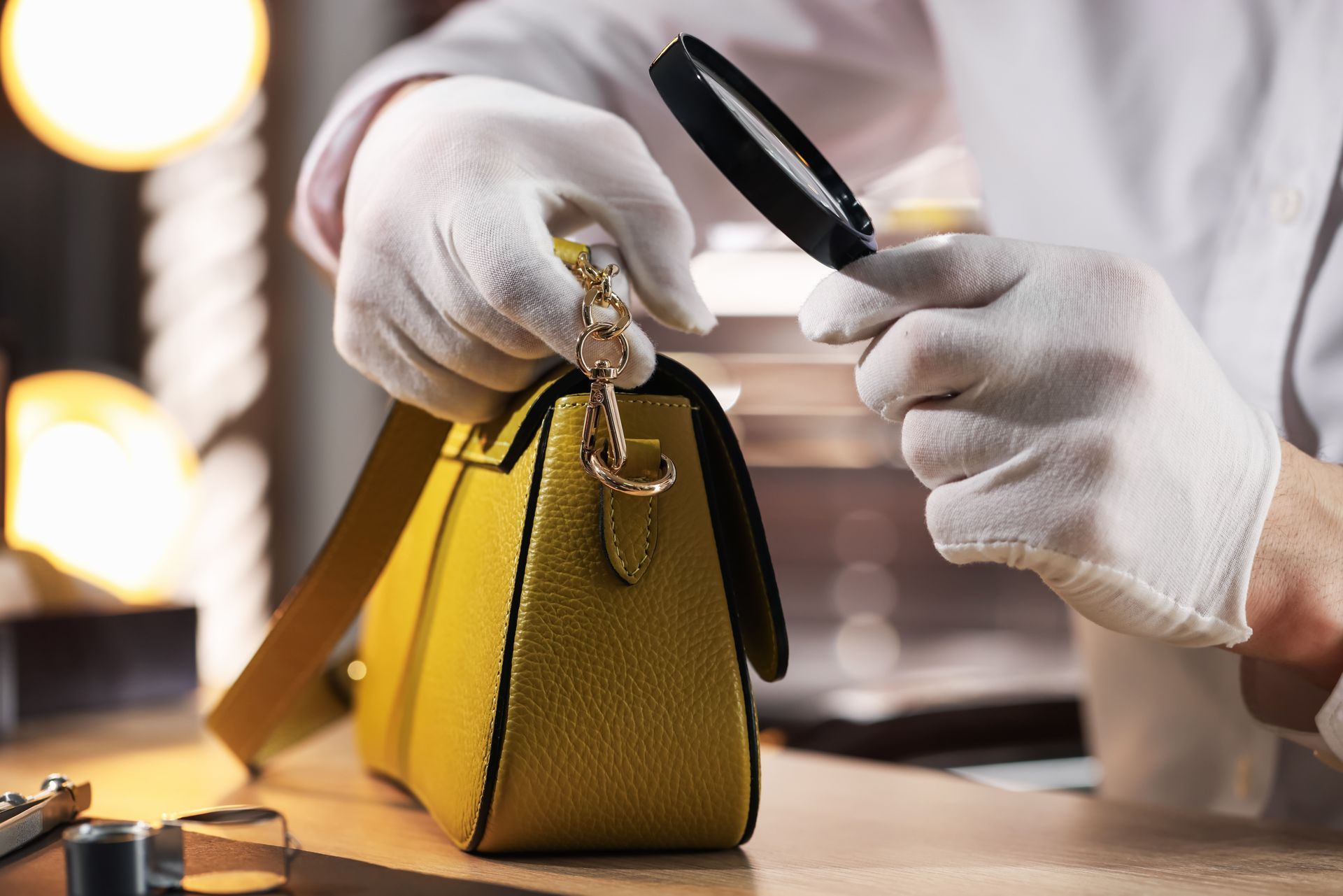 Des mains gantées de blanc examinent un sac à main jaune à l'aide d'une loupe, posé sur une table.