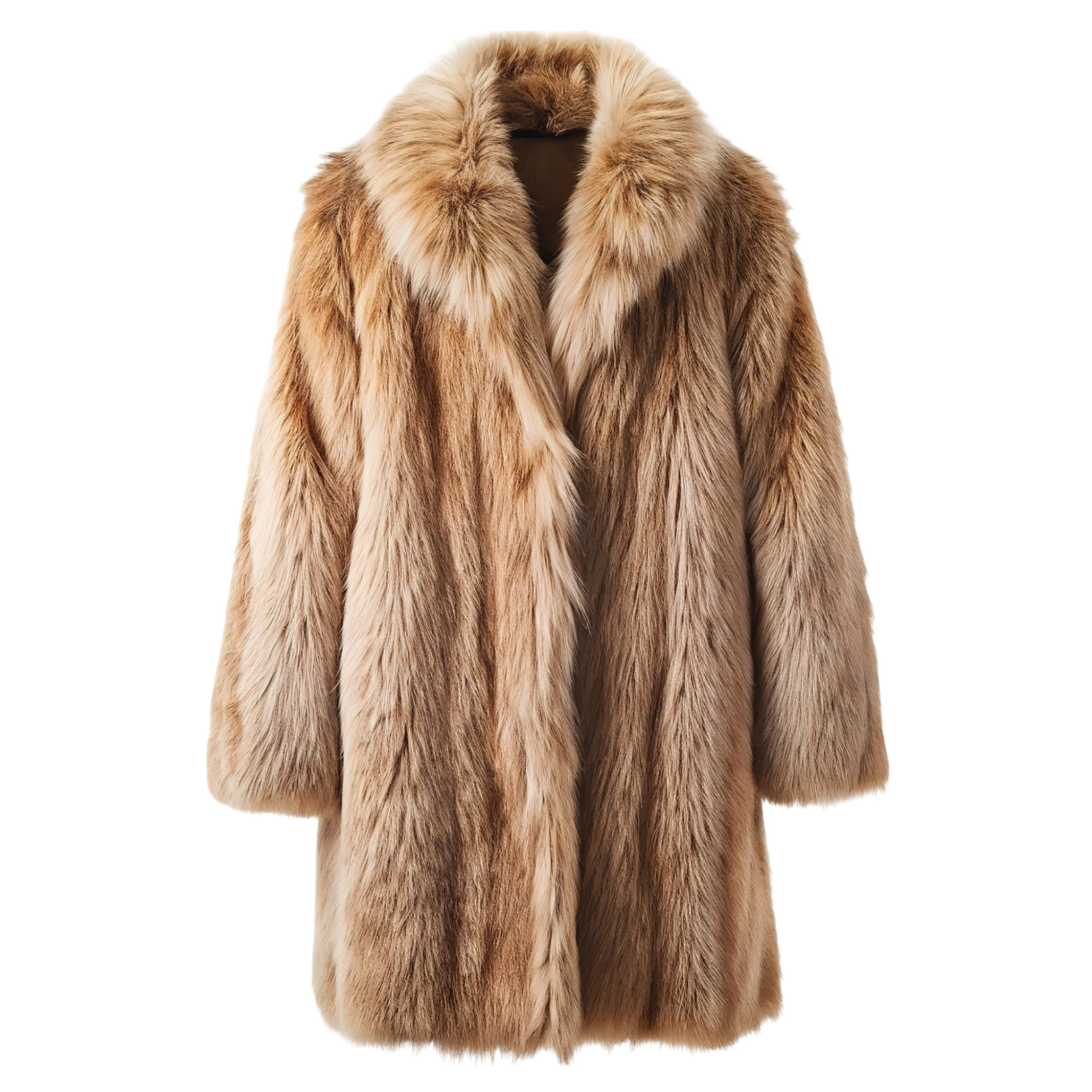 Manteau en fausse fourrure beige à large col, vu de face sur fond blanc.
