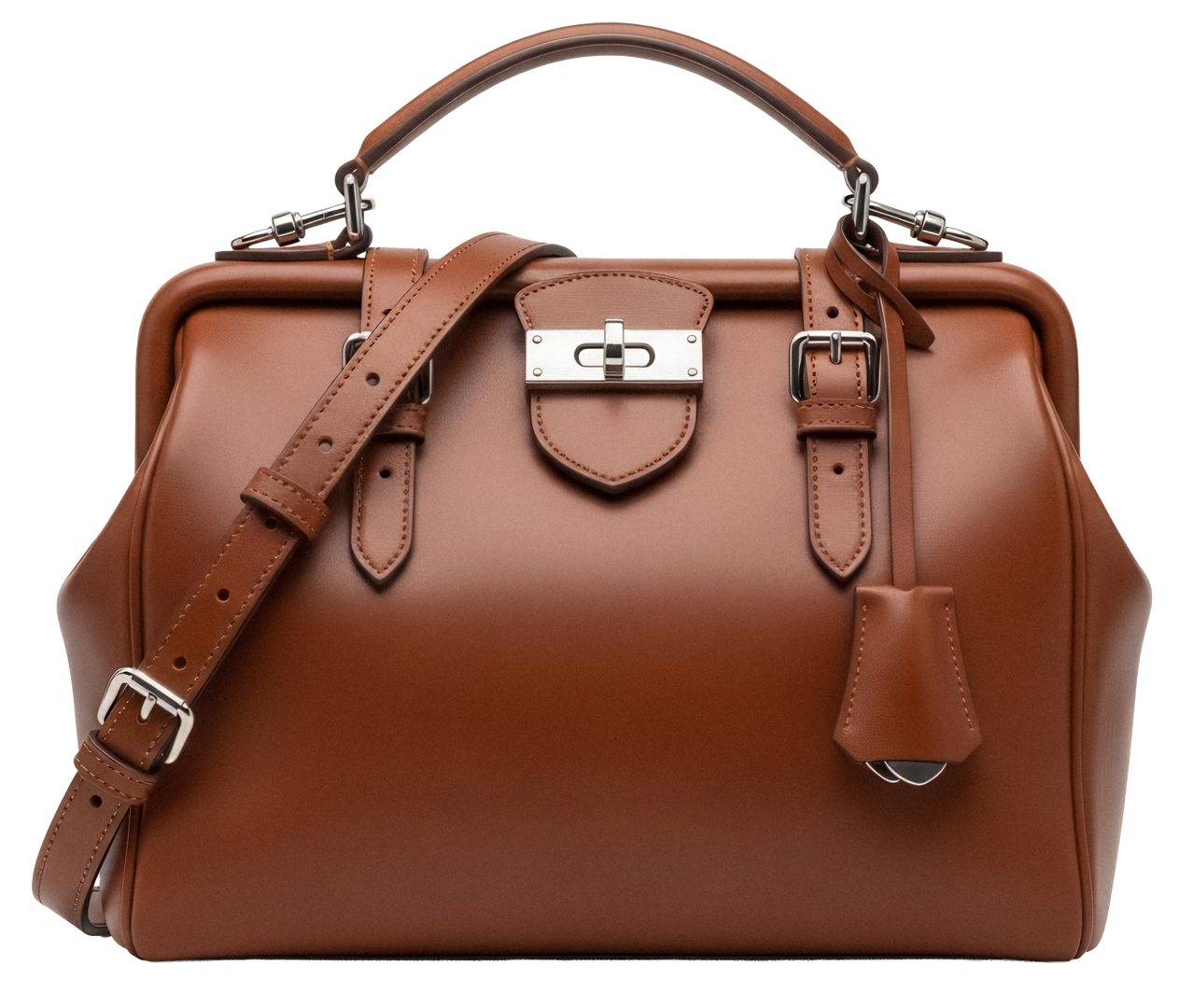 Sac à main en cuir marron avec poignée supérieure, bandoulière et boucle argentée.