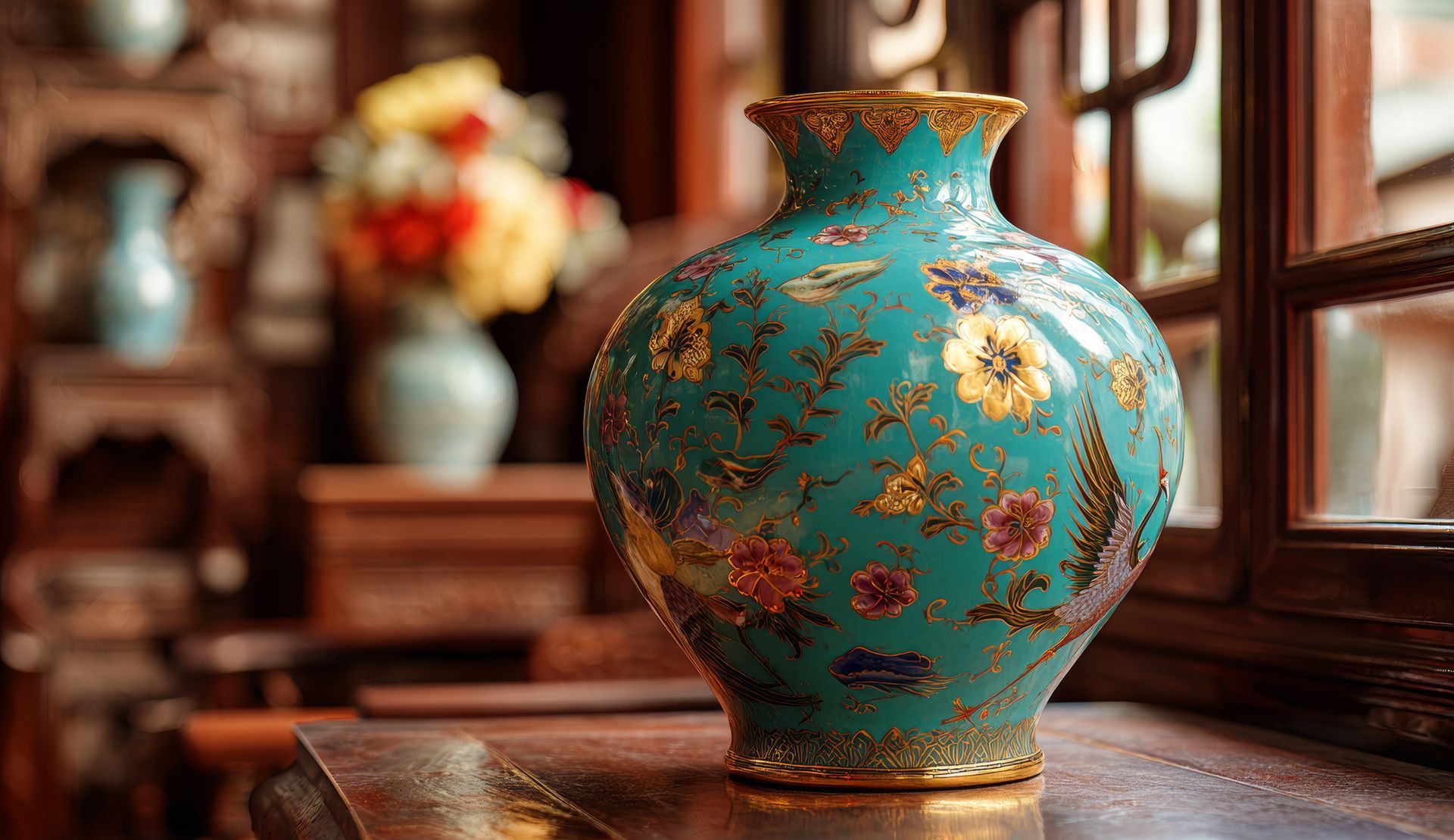 Vase turquoise orné de motifs floraux dorés posé sur un rebord de fenêtre en bois, baigné d'une lumière chaude.