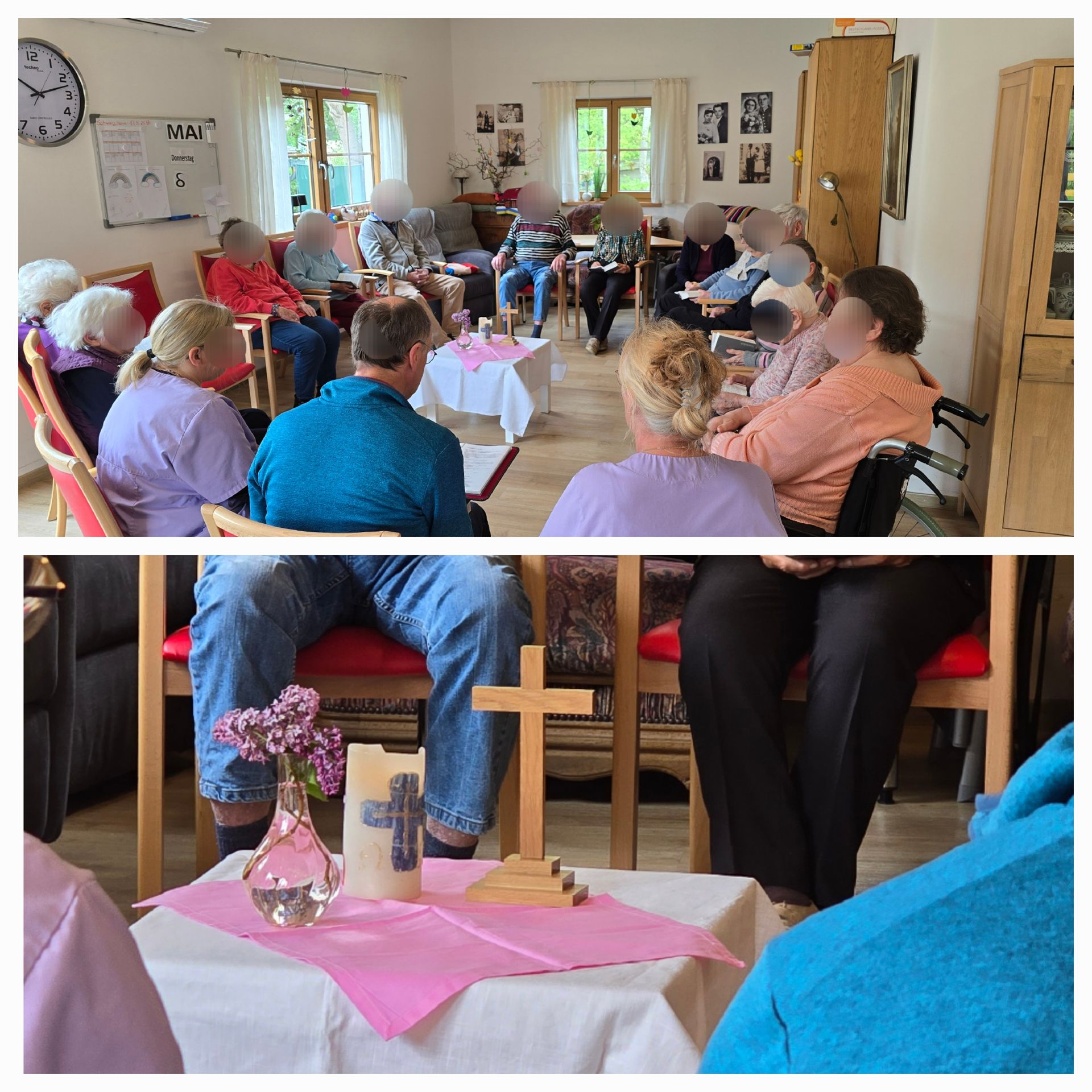 eine Frau füttert ein Schaf mit Hörnern