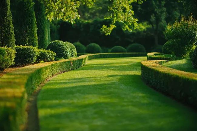 Un exuberante jardín verde con un camino bordeado de arbustos y árboles.