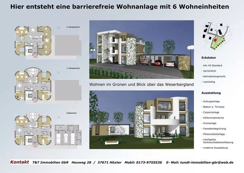 Architekturdarstellung einer barrierefreien Wohnanlage mit Grundrissen.