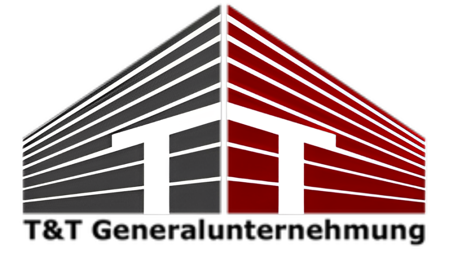 Logo der T&T Generalunternehmung: Abstraktes Gebäudedesign in Grau und Burgunderrot mit „T&T“ in Weiß und Firmenname darunter.
