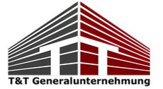 Logo der T&T Generalunternehmung: Abstraktes Gebäudedesign in Grau und Burgunderrot mit „T&T“ in Weiß und Firmenname darunter.