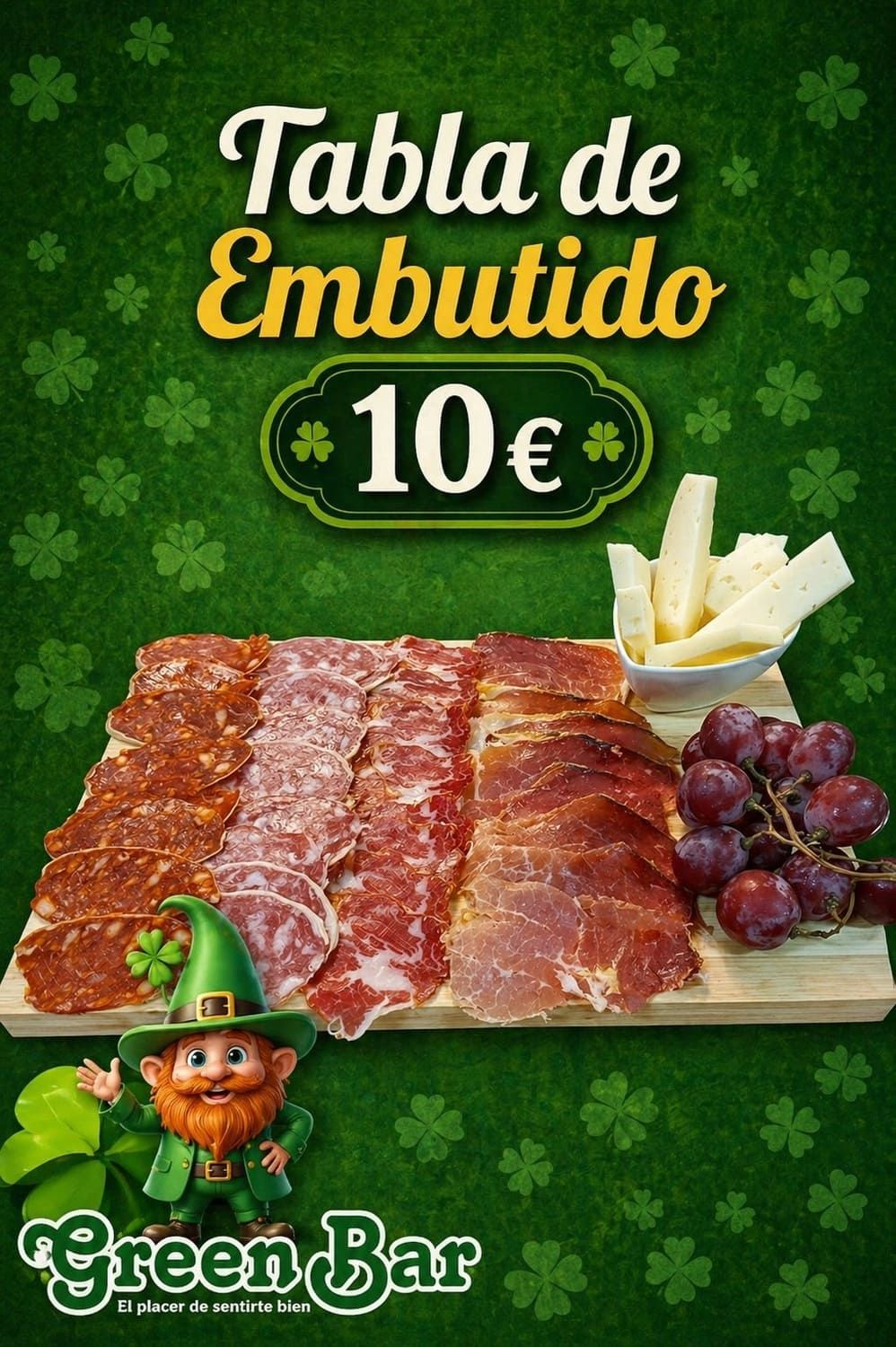Menú promocional de “Tabla de Embutido” por 10€, con selección de embutidos, queso, uvas y el logo de Green Bar.