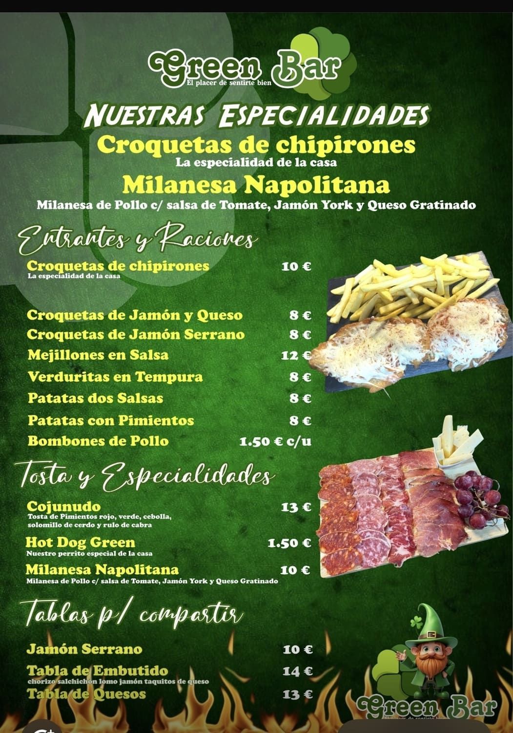 Menú de un restaurante español con croquetas, tapas y foto de platos emplatados sobre un fondo verde.