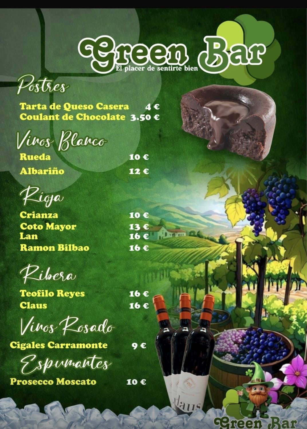 Cartel con la carta del Green Bar, que muestra postres y vinos, con un fondo de uvas, viñedos y botellas de vino.