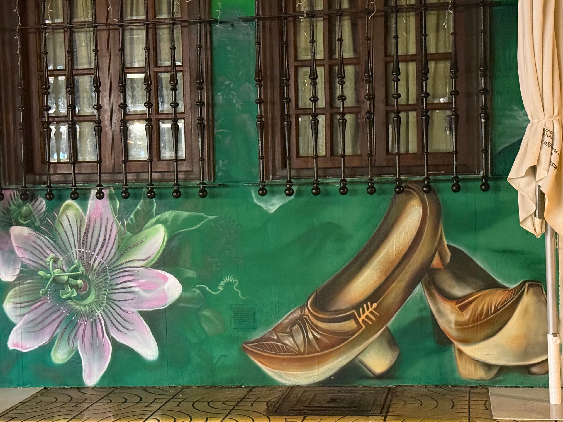 Mural de pared verde con una flor rosa, zapatos marrones y ventanas enrejadas en la parte superior.