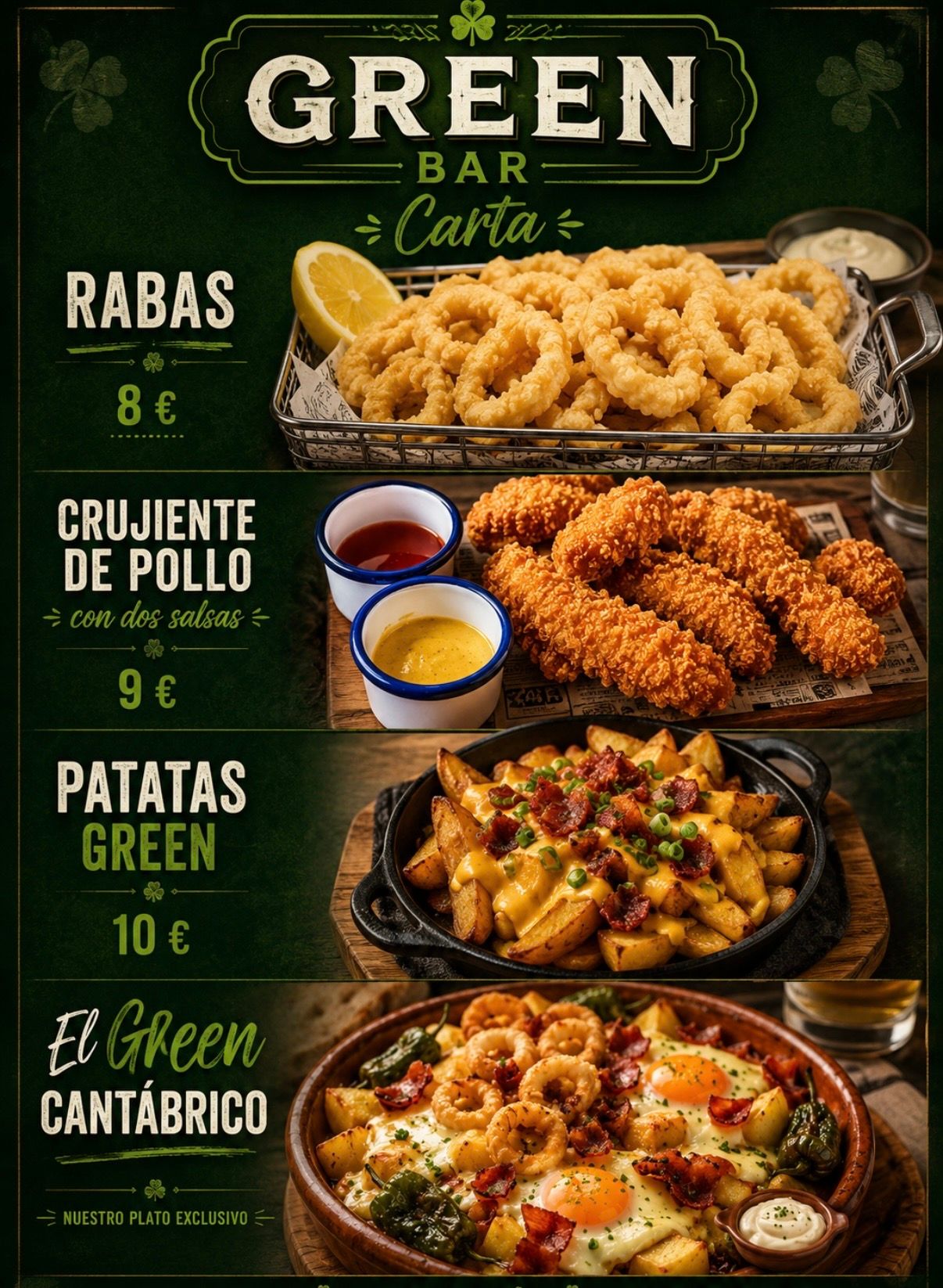 Cartel con la carta del Green Bar Cantabria que muestra pollo frito, patatas verdes y otras tapas sobre fondo oscuro.