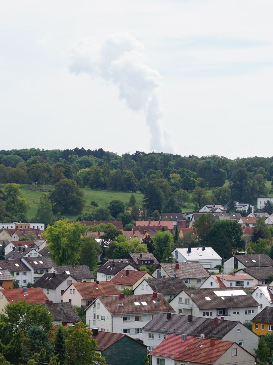 Des maisons dans une ville, des arbres verts et un nuage de fumée dans le ciel