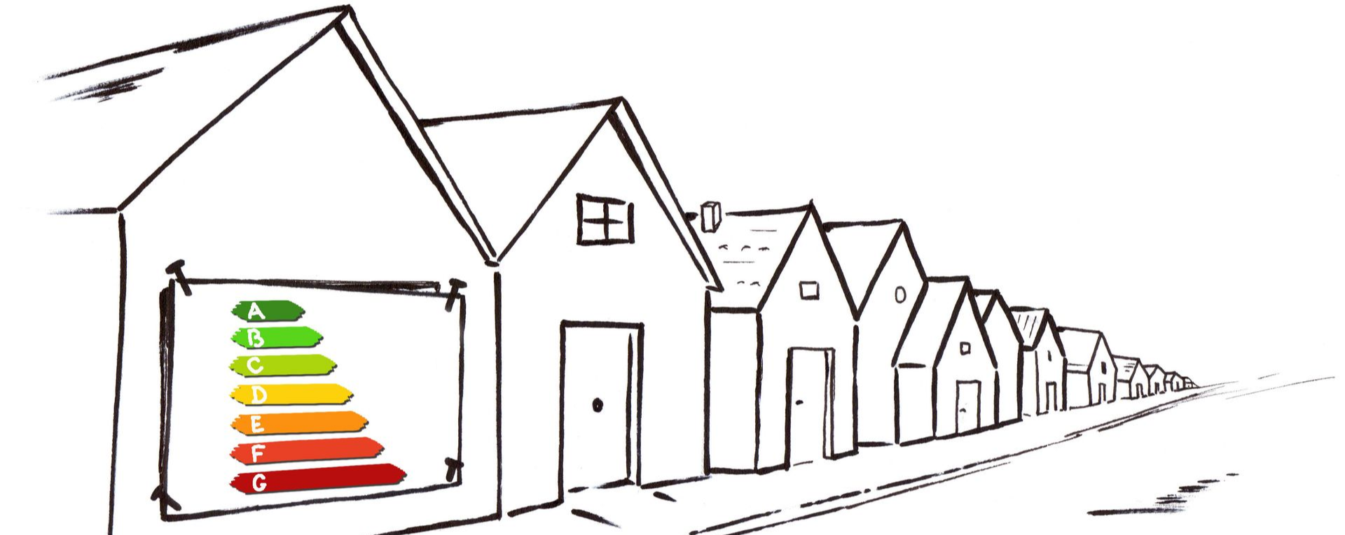 Rangée de maisons avec les cotes d'efficacité énergétique