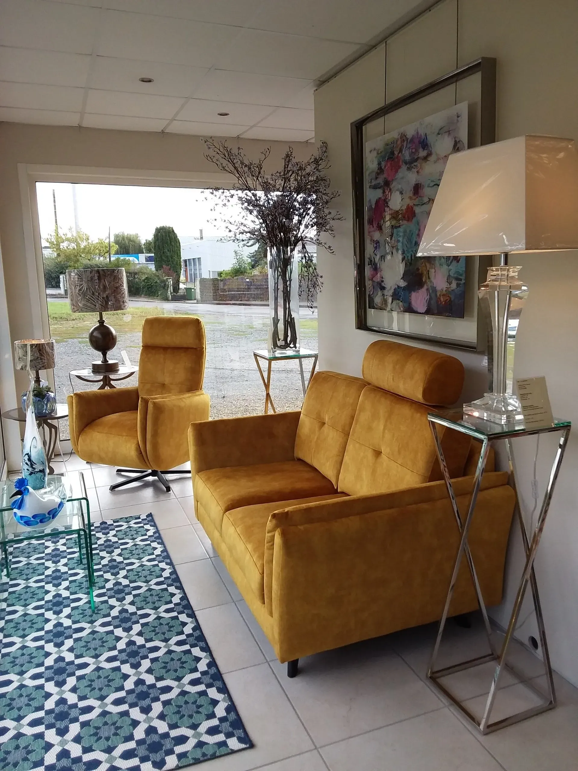 ENSEMBLE SALON ABELLA CANAPÉ 2 PLACES + FAUTEUIL RELAX 2 MOTEURS TISSU THALYS JAUNE