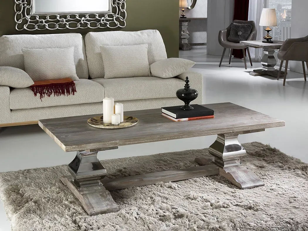 TABLE BASSE ANTICA EN MÉTAL CHROMÉ ET BOIS L. 160 X H. 51 X P. 75 – 591538