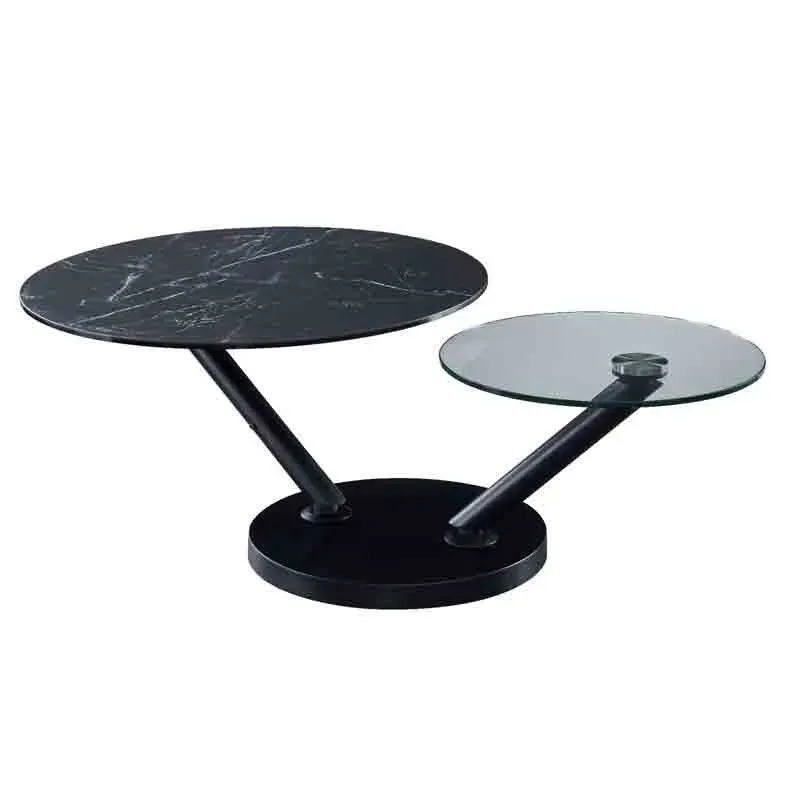 TABLE BASSE SANDRA 2 PLATEAUX PIVOTANTS - GRAND PLATEAU CÉRAMIQUE - PETIT PLATEAU VERRE TREMPÉ- Ø 80 X H. 45 - GA/19139CT