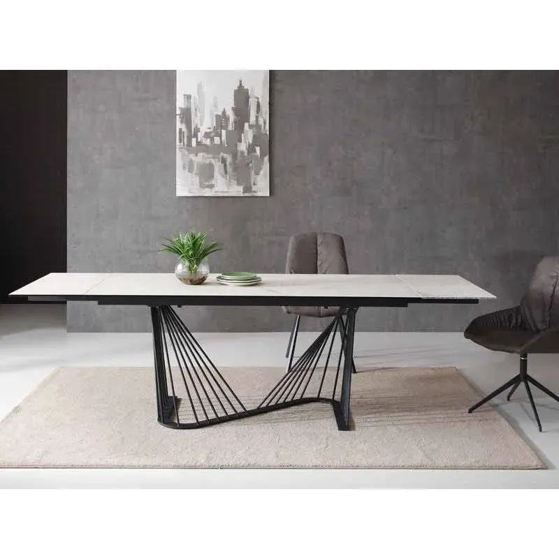 TABLE DE REPS ARIANA DESSUS CÉRAMIQUE 3 MM COLLÉ SUR VERRE 6 MM - PIÈTEMENT EN MÉTAL NOIR - 1 ALLONGE À CHAQUE BOUT - L. 180 X P. 90 - OUVERT 260