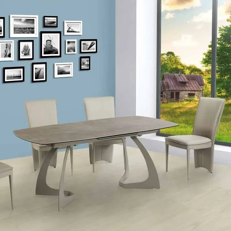 TABLE DE REPS ARIANA DESSUS CÉRAMIQUE 3 MM COLLÉ SUR VERRE 6 MM - PIÈTEMENT EN MÉTAL NOIR - 1 ALLONGE À CHAQUE BOUT - L. 180 X P. 90 - OUVERT 260