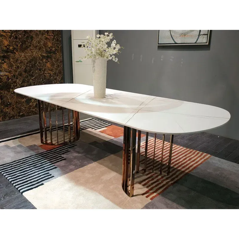 TABLE DE REPAS OXAN DESSUS CÉRAMIQUE JADE BLANC - PIÈTEMENT EN MÉTAL DORÉ - L. 240 X P. 100 - SANS ALLONGE