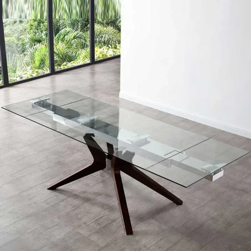 TABLE DE REAPS PAMELA DESSUS VERRE 10 MM - 1 ALLONGE À CHAQUE BOUT - PIÈTEMENT EN HÊTRE PLAQUÉ CHÊNE - L. 160 X P. 90 - OUVERTE 240L.