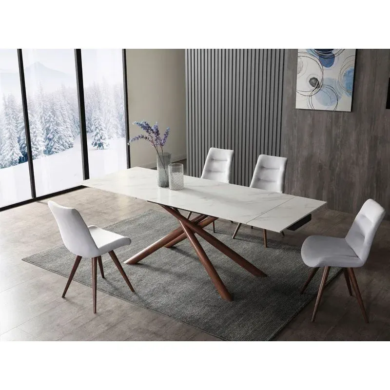 TABLE DE REPAS SERENA DESSUS CÉRAMIQUE CALACATTA - PIÈTEMENT EN MÉTAL COULEUR NOYER - L. 160 X P. 90 - OUVERTE 240 - EXISTE EN L. 180