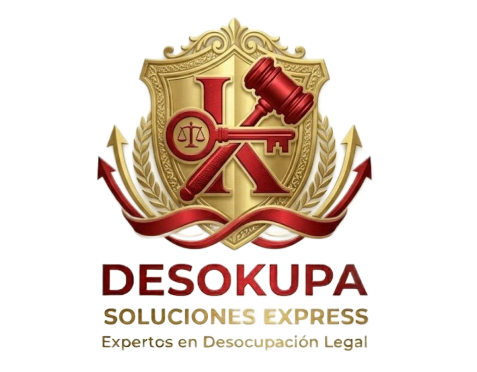 Logotipo que muestra dos figuras en silueta flanqueando un escudo central con el icono de una casa, sobre una bandera española, con la inscripción DESOKUPA.