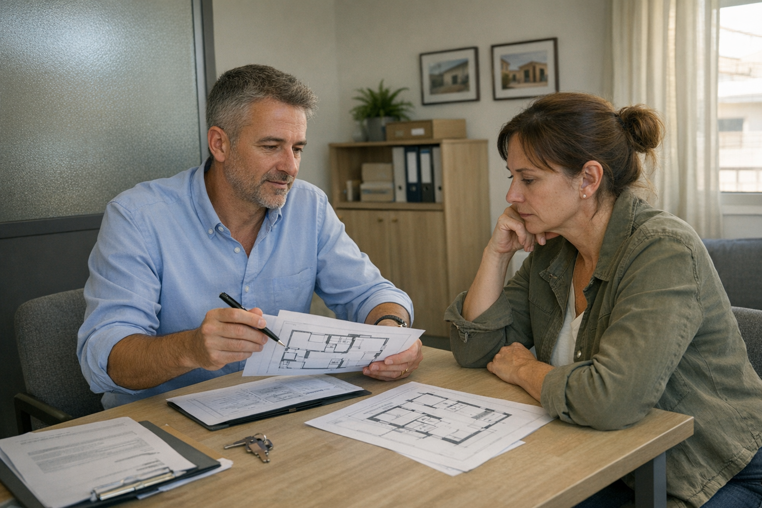 Dos personas revisan planos de planta en una mesa en una habitación luminosa, discutiendo documentos.