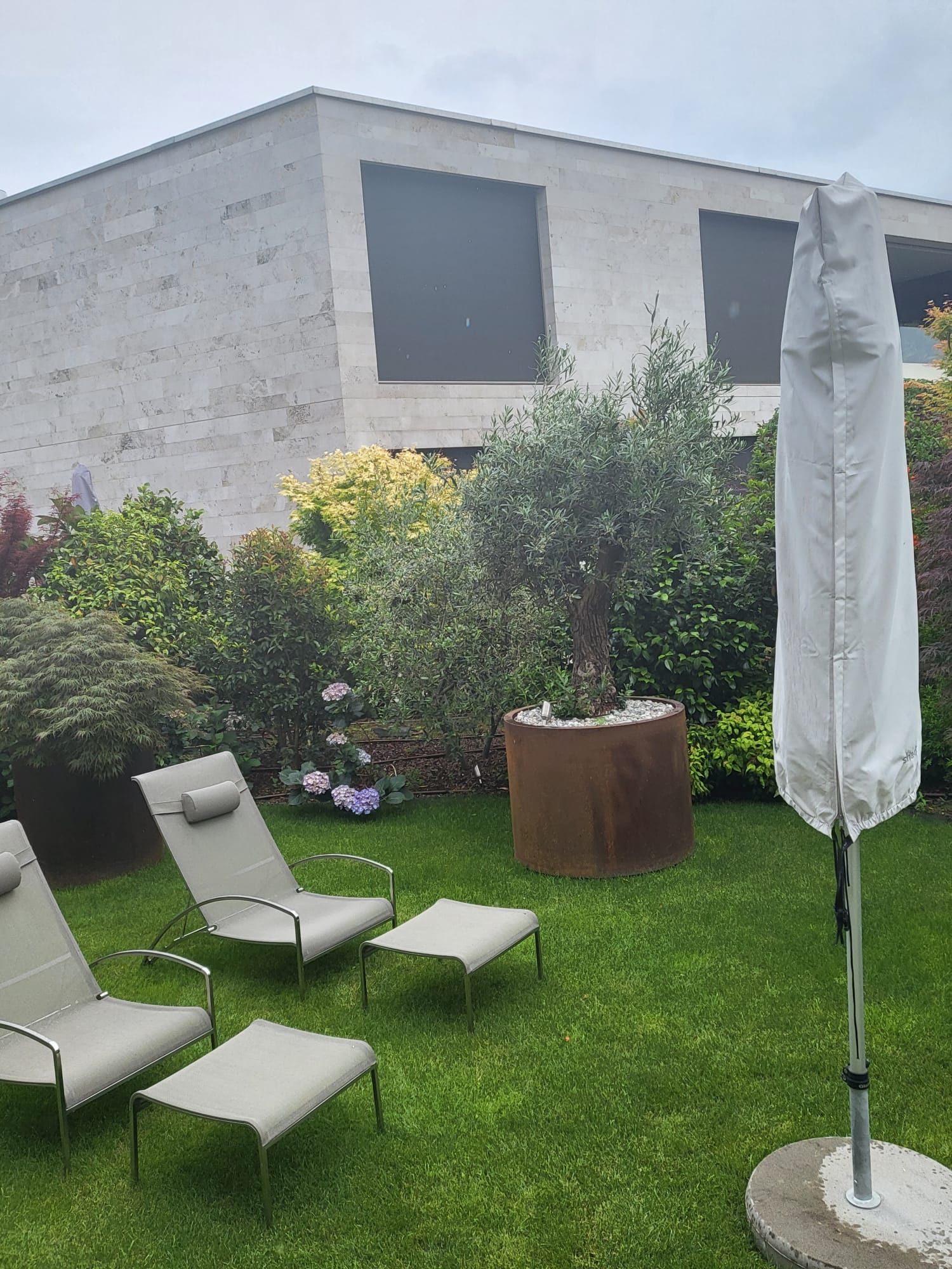 Sedie a sdraio e ombrellone su un prato erboso di fronte a una casa moderna, circondati da piante e cespugli.