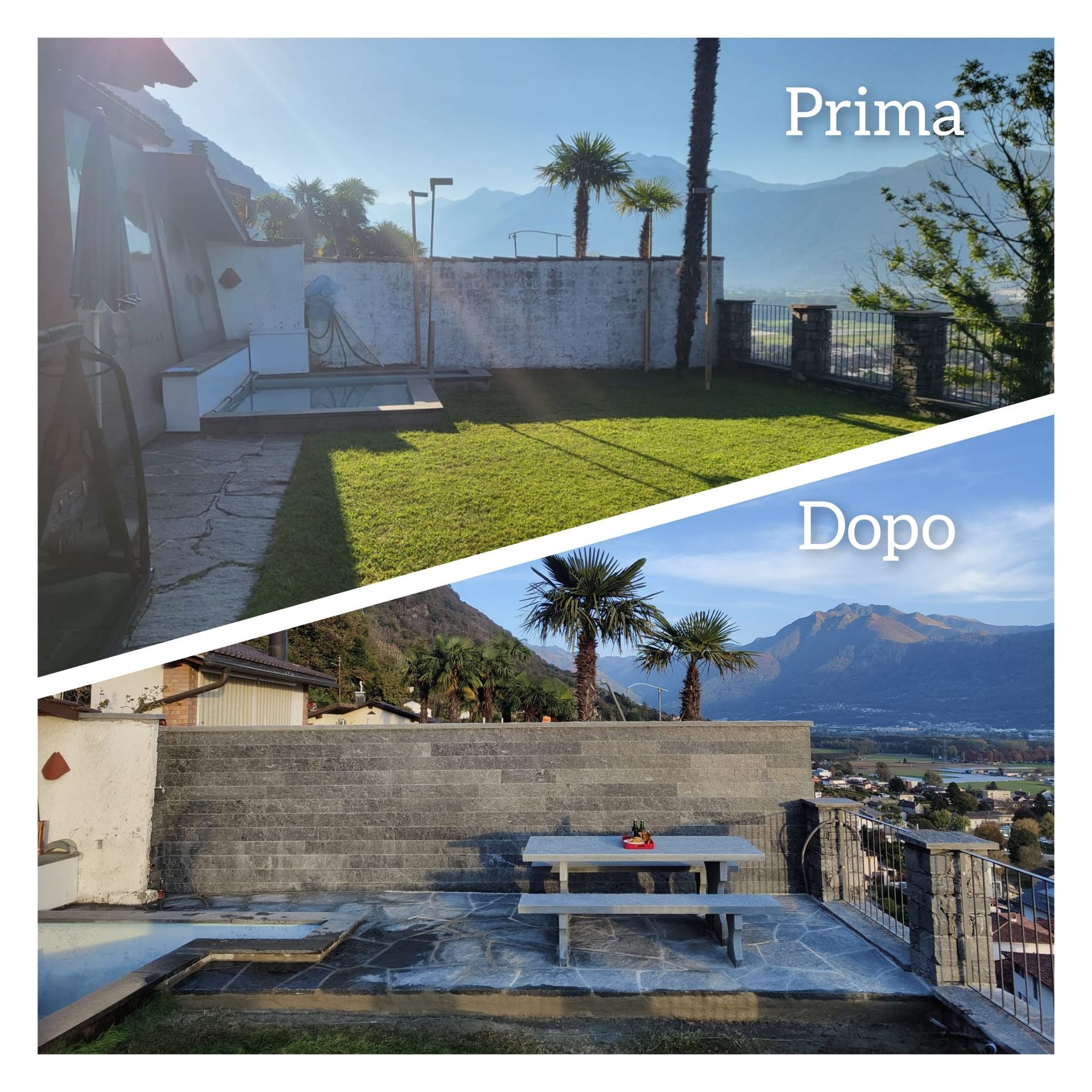 Vista prima e dopo di un cortile: un prato verde con un patio si trasforma in un patio in cemento con un tavolo.