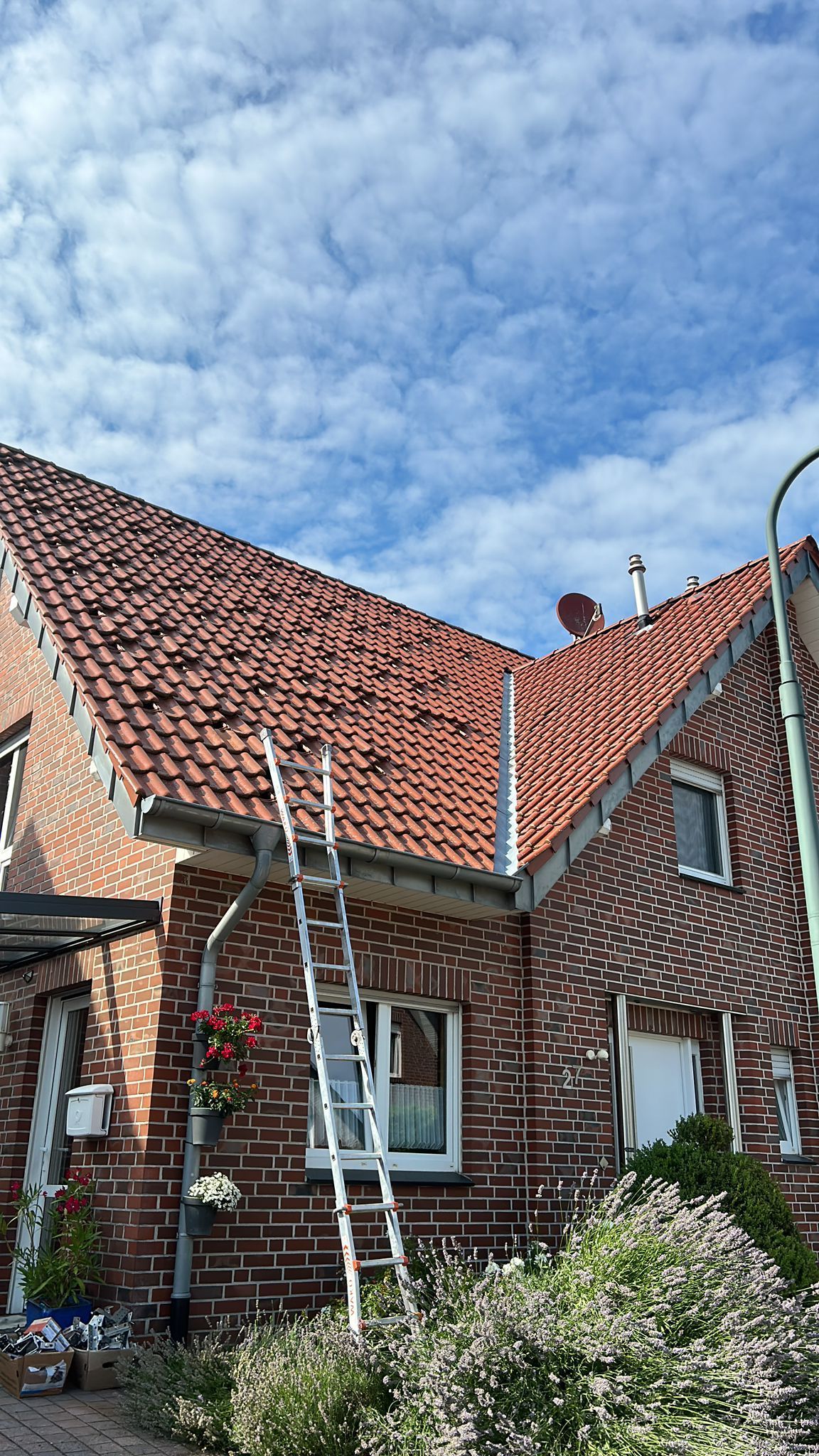 An der Seite eines Backsteinhauses steht eine Leiter.