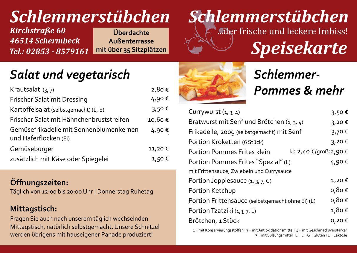 Speisekarte für den Imbiss Schlemmerstübchen