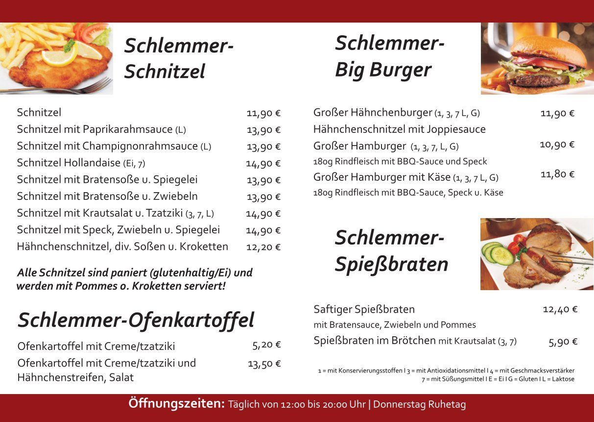 Auf der Speisekarte des Imbisses sind ein Schnitzel, ein großer Burger und ein Spießbraten abgebildet.