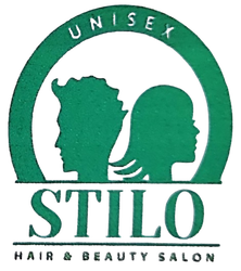 Logotipo verde para Stilo Hair & Beauty Salon, que representa siluetas masculinas y femeninas dentro de un círculo, con 