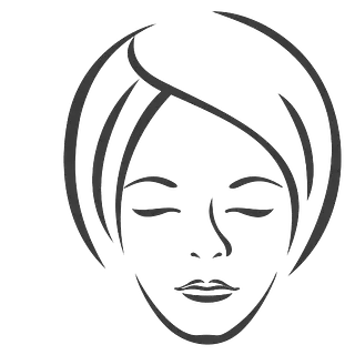 Dibujo lineal de una mujer con ojos cerrados, cabello corto y expresión serena.