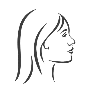 Dibujo lineal del rostro de una mujer de perfil, con cabello largo, sonriendo levemente.