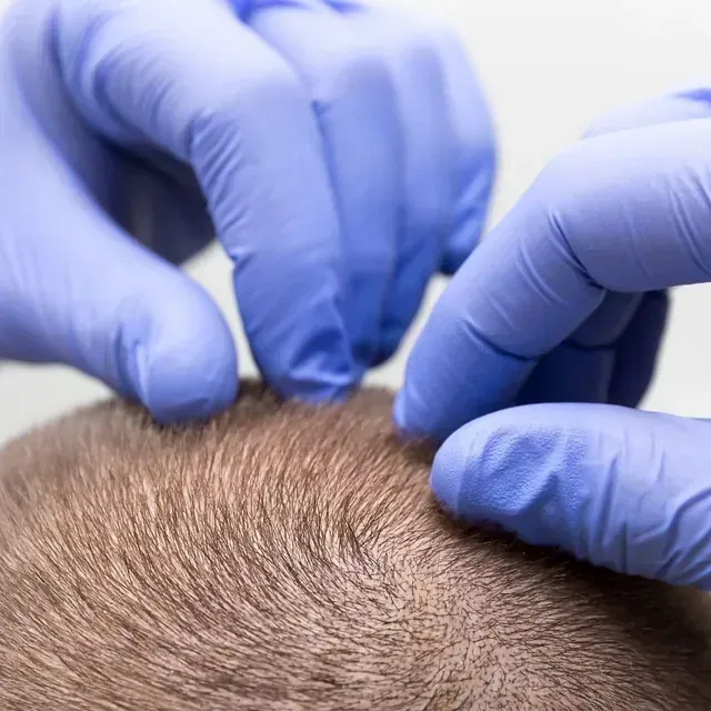 Manos con guantes azules examinando el cuero cabelludo de una persona para detectar una posible pérdida de cabello; toma de primer plano.