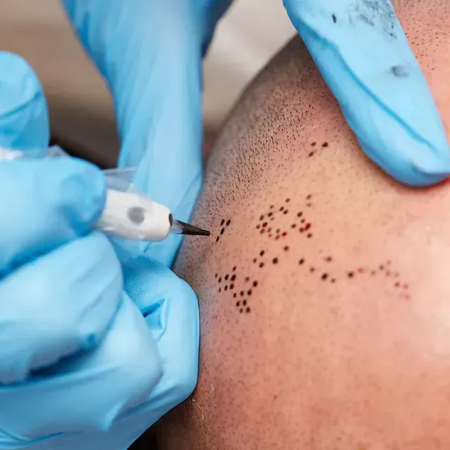El cuero cabelludo de una persona se está tatuando con pequeños puntos, probablemente para micropigmentación capilar. Una mano enguantada sostiene el bolígrafo.