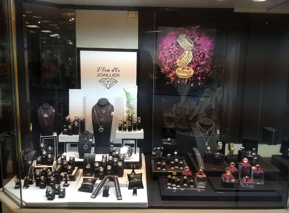 Une vitrine de boutique avec divers bijoux