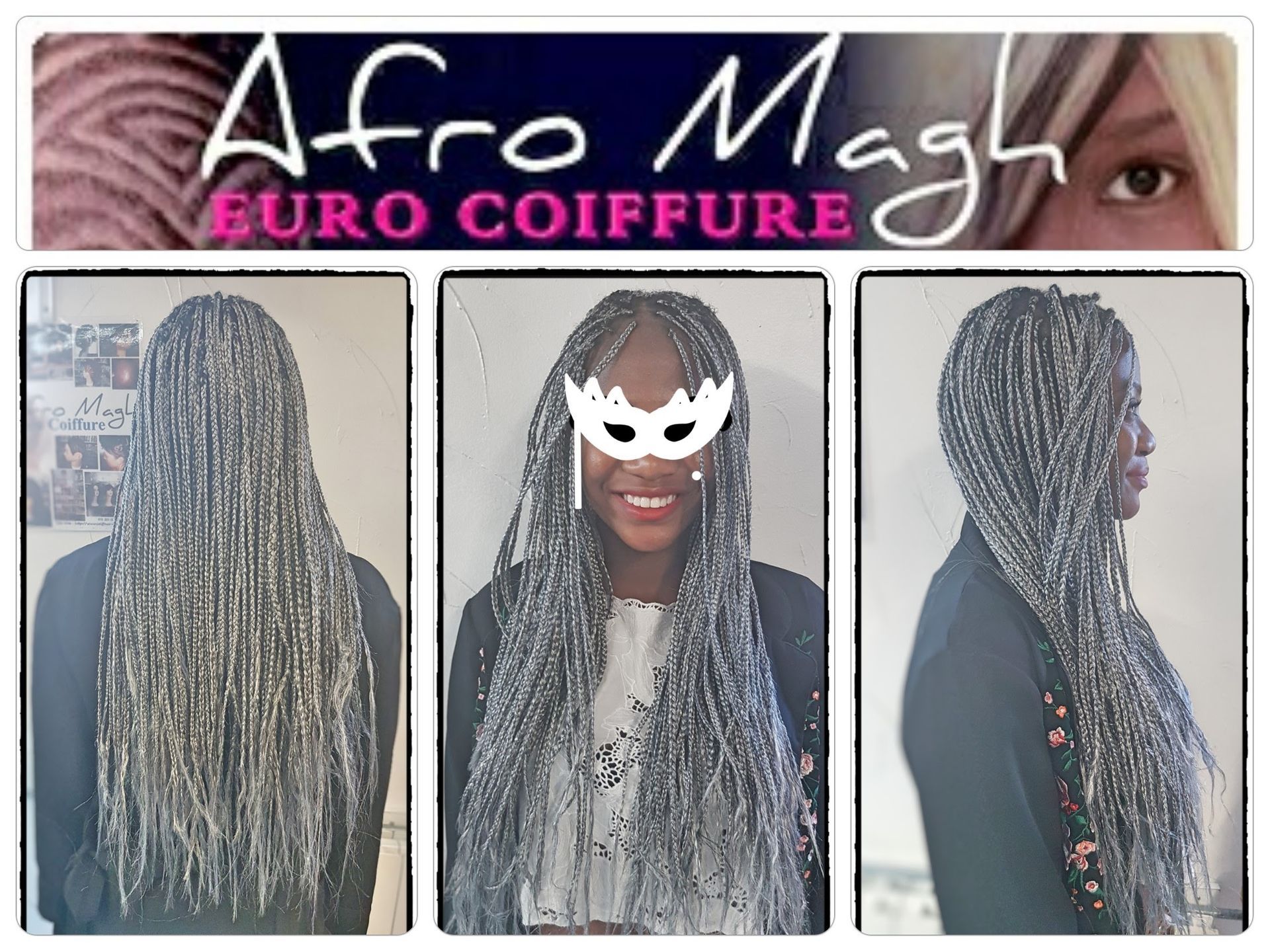 Logo Afro Magh Euro Coiffure. Femme aux tresses argentées, vues sous différents angles. Tresses descendant sous les épaules.