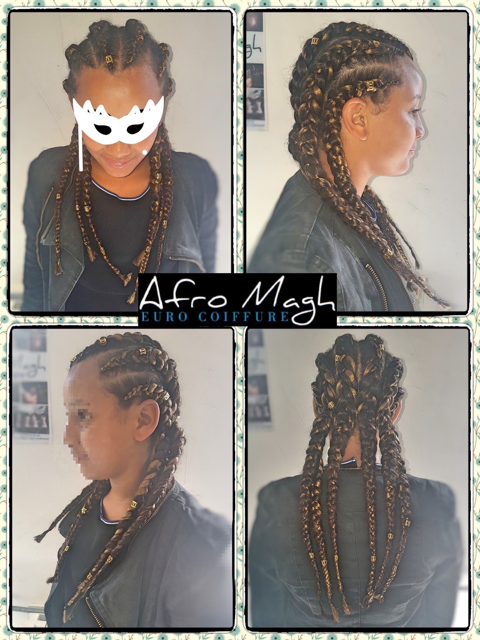 Photo en quatre panneaux montrant des cheveux tressés et un masque couvrant le visage, sur fond sombre. Les tresses sont agrémentées d'extensions blondes et brunes.