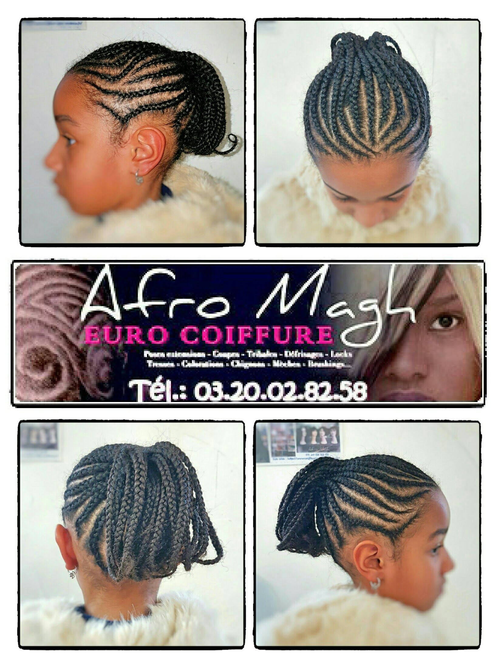 Quatre photos d'un enfant coiffé de tresses. L'image du milieu montre l'enseigne du salon de coiffure « Afro Magh ».