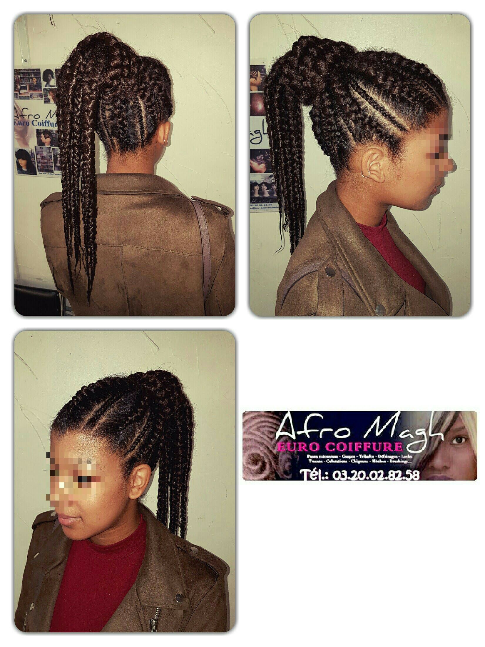 Coiffure tressée en queue de cheval haute. Femme portant une veste marron.