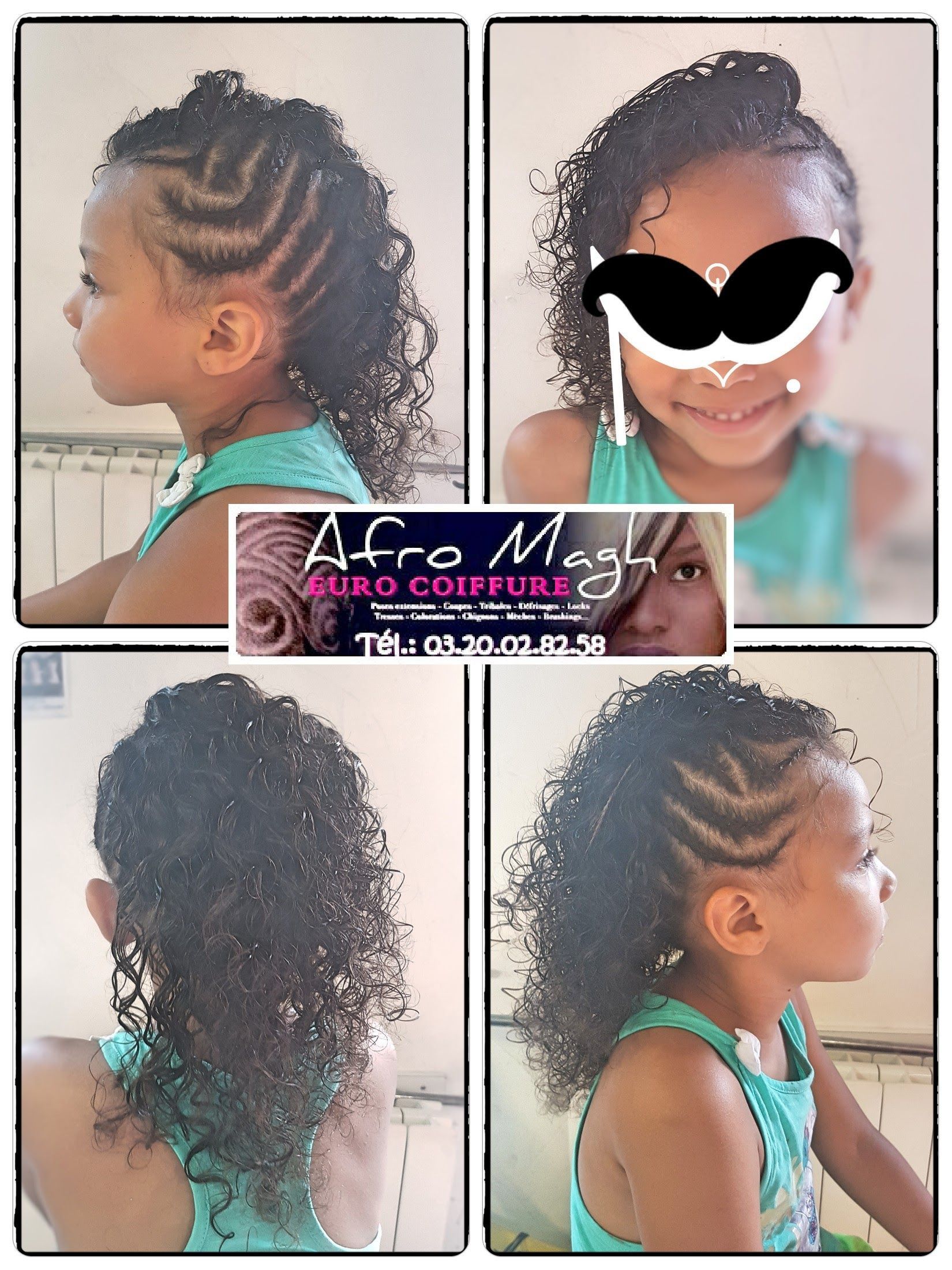 Quatre photos d'un enfant aux cheveux tressés, prises sous différents angles.