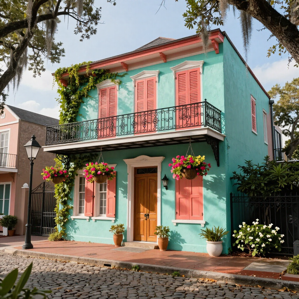 Turquoise two-story house with coral shutters, balcony, and flower boxes on a cobblestone street