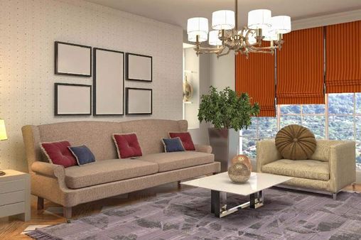 Wohnzimmer mit roten Vorhängen und heller Wand